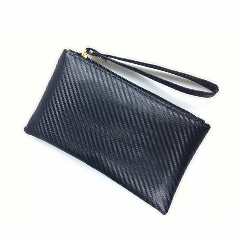 Men Women Wallets PU Leather Carbon Fiber Pattern Bag Zipper Clutch Coin Purse Phone Wristlet Portable Long Small Handbag Black