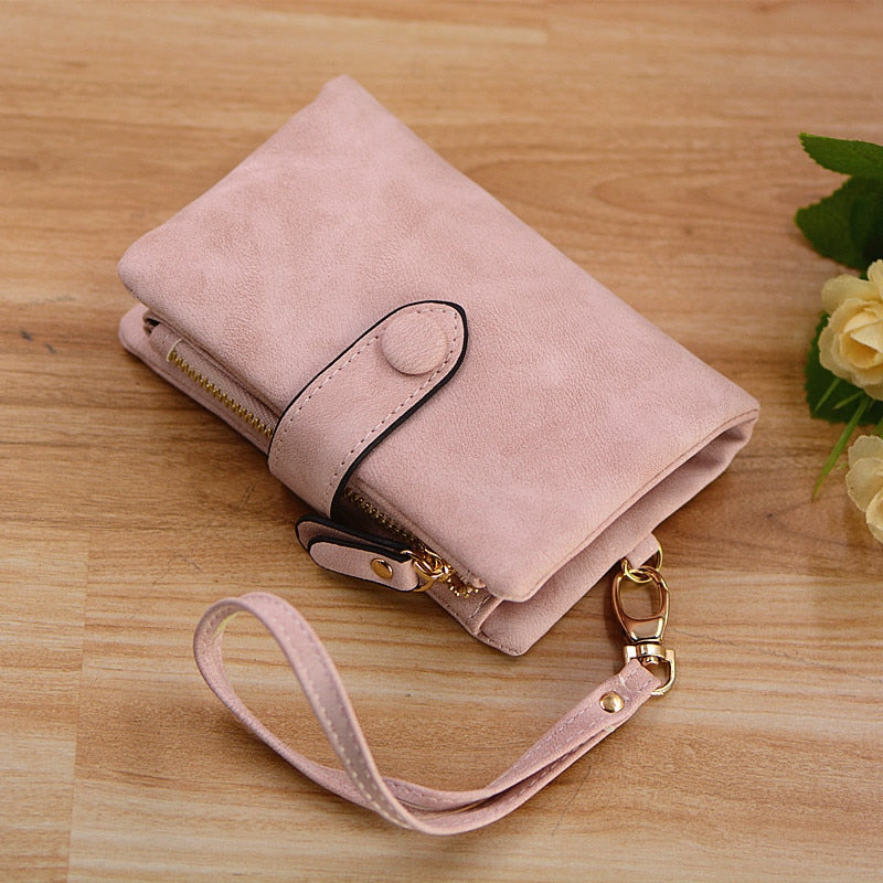 Designer women wristlet wallet with strap coin pocket vintage soft pink suede purse ladies folder money clips 6colors billetera