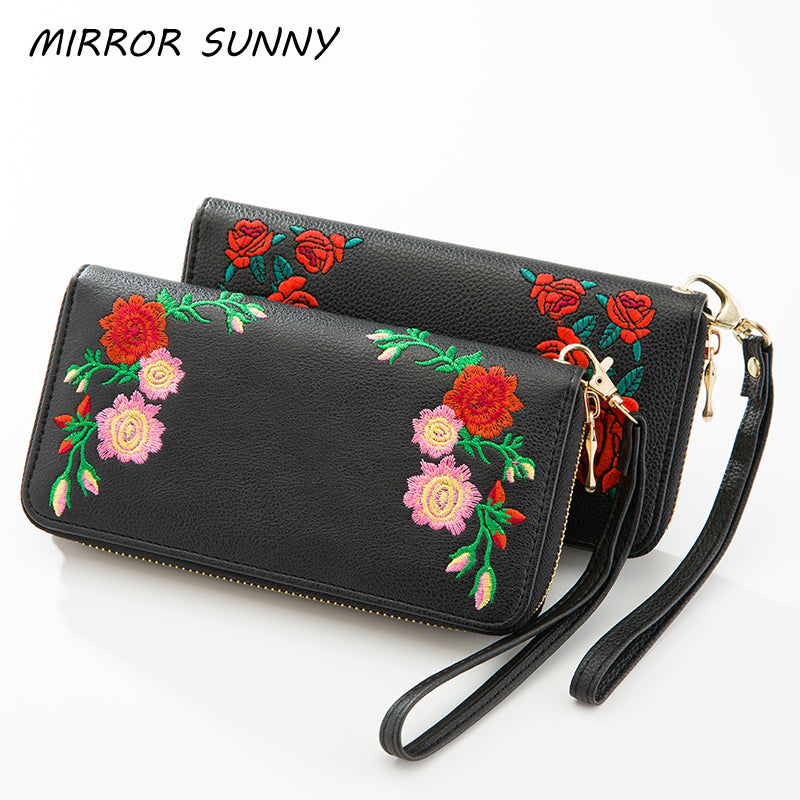 MS-0003 New lichee PU embridery women long wallet zipper wallet red rose flower design women wallet wristlet purse carteira